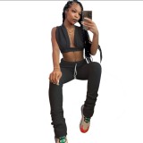 Black Plunging Neckline Crop Top and Pants Set
