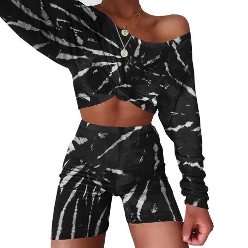 Casual Black Tie Dye Two Piece Shorts Set