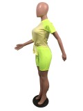 Green & Yellow Block Tie Sloping Shoulder Two Piece Shorts Set