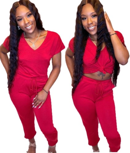Red V-Neck Casual Top with Drawstring Waist Pants