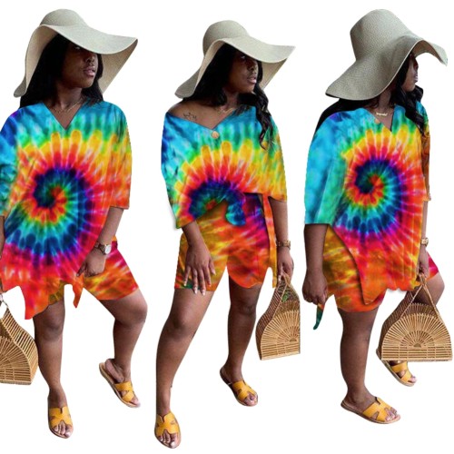 Casual Tie Dye Red Slit Two Piece Shorts Set