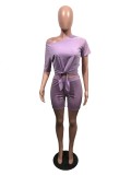 Lilac Tie Sloping Shoulder Two Piece Shorts Set