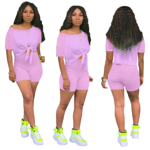 Lilac Tie Sloping Shoulder Two Piece Shorts Set