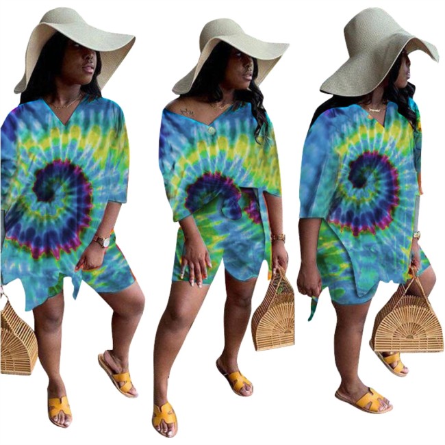Casual Tie Dye Blue Slit V-Neck Top & Shorts