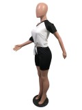 Black and White Block Tie Sloping Shoulder Top & Shorts