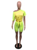 Green & Yellow Block Tie Sloping Shoulder Two Piece Shorts Set