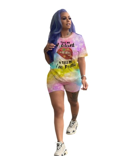 Tie Dye Colorful Mouth Print Two Piece Matching Shorts Set