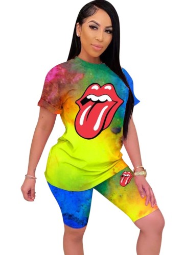 Casual Tie Dye Tongue Print T Shirt with Shorts