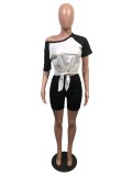 Black and White Block Tie Sloping Shoulder Top & Shorts