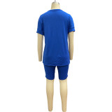 Blue Solid V-Neck Casual Top and Shorts Set