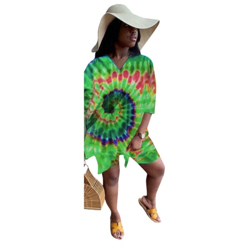 Casual Tie Dye Green Slit Top & Shorts Set