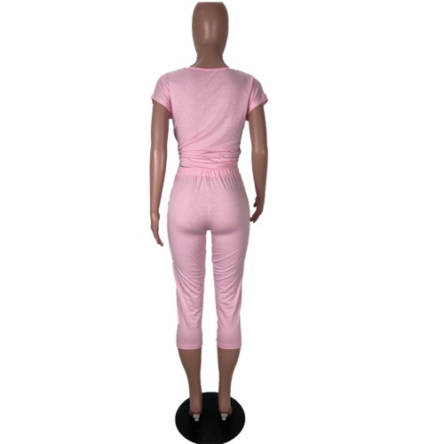 Pink V-Neck Pocket Two Piece Casual Pants Set