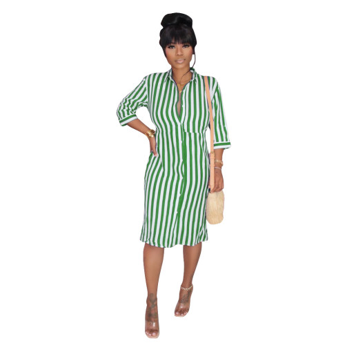 Green & White Striped Half Sleeve Shirt Dress