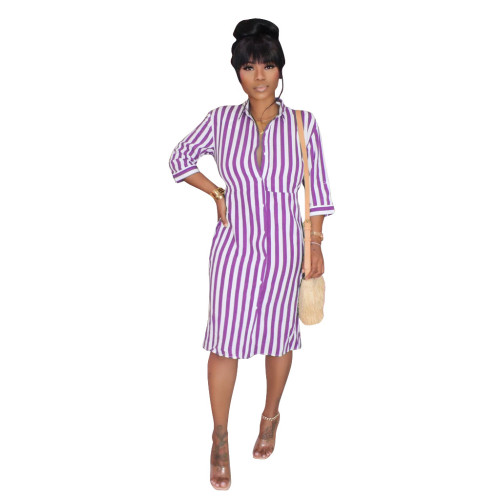 Purple & White Striped Half Sleeve Shirt Dress