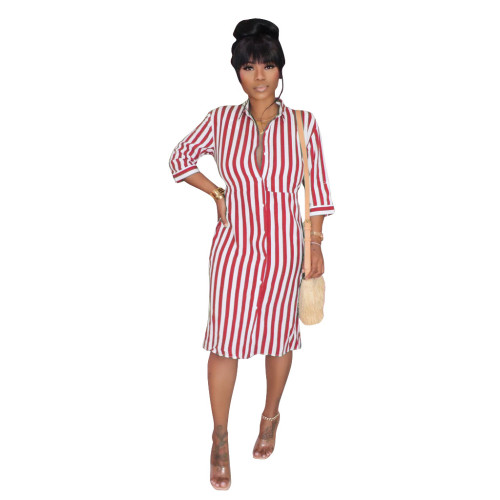 Red & White Striped Half Sleeve Shirt Dress