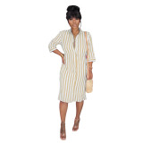 Yellow & White Striped Half Sleeve Shirt Dress