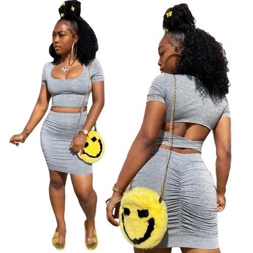 Gray Cut Out Scrunch Butt Two Piece Skirt Set