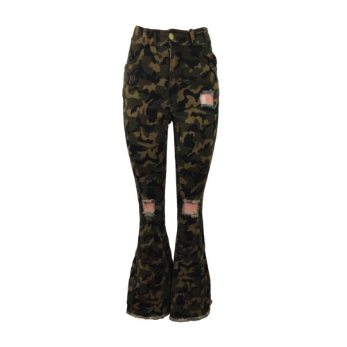 Wholesale Camou Print  Ripped Flare Jeans