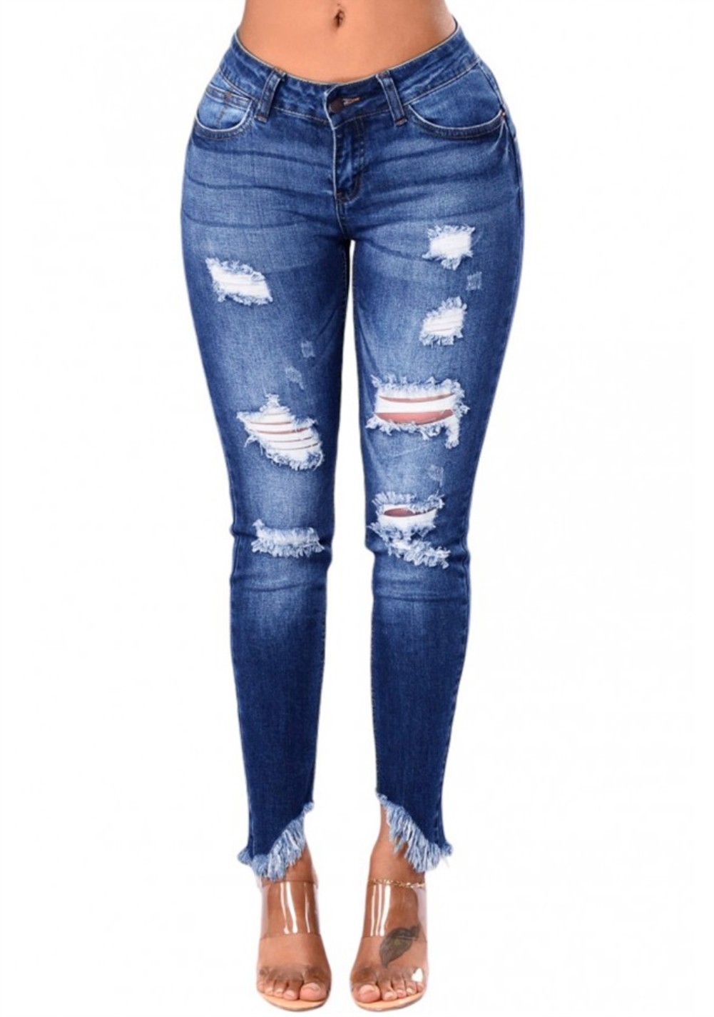 Ripped Holes Irregular Fringe Hem Jeans US$ 9.59 - www.lover-pretty.com