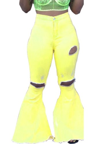Yellow Ripped High Waist Flare Jeans