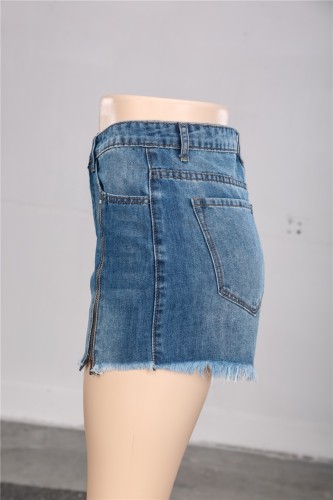 Blue cheap High Waist Plush Zipper Jean Shorts