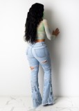 Hot Light Blue High Waist Ripped Flare Jeans