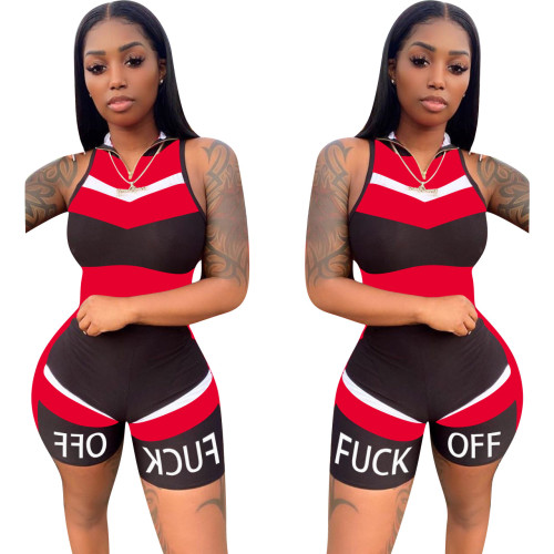 Color Block Red Sporty Letter Print Zip Up Romper