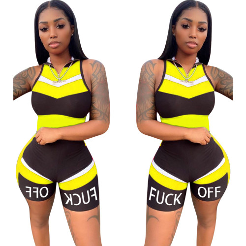 Color Block Yellow Sporty Letter Print Zip Up Romper