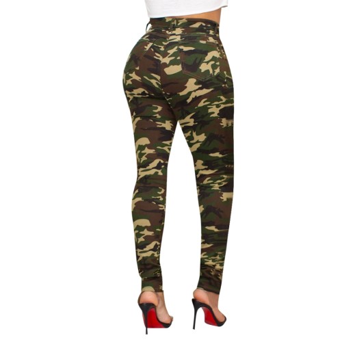 Camo Army Green High Waist Ripped Jeans