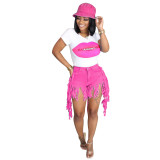 Fashion Hot Pink Tassel Destroyed Denim Shorts