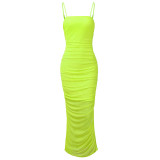 Green Mesh Ruched Bodycon Slit Long Cami Dress