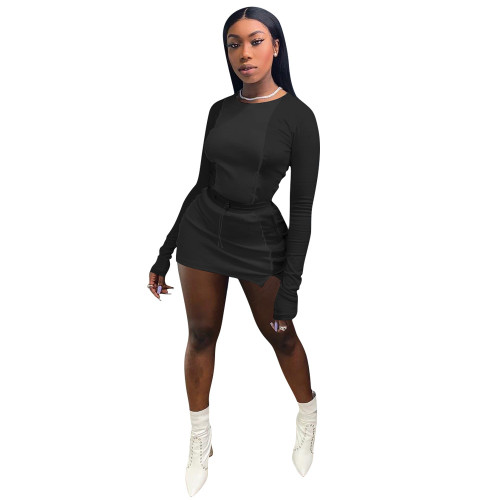 Black Bodycon Long Sleeve Two Piece Skirt Set