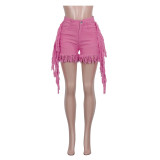 Fashion Hot Pink Tassel Destroyed Denim Shorts
