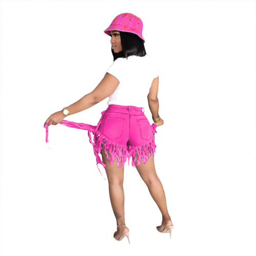 Fashion Hot Pink Tassel Destroyed Denim Shorts