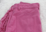 Fashion Hot Pink Tassel Destroyed Denim Shorts