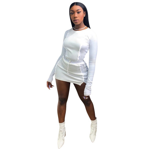 White Long Sleeve Bodycon Two Piece Skirt Set