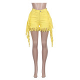 Fashion Yellow Tassel Destroyed Denim Shorts