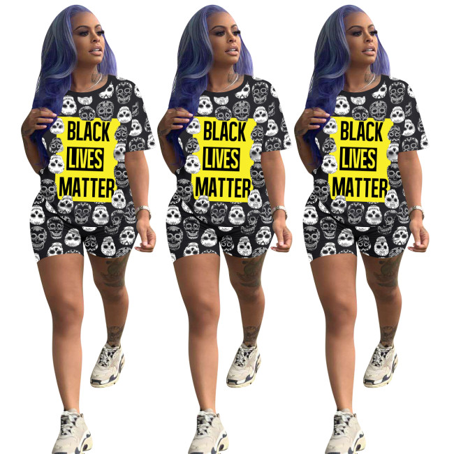 Skull Print Stylish Two Piece Shorts Set
