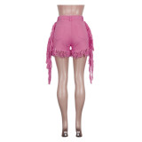 Fashion Hot Pink Tassel Destroyed Denim Shorts