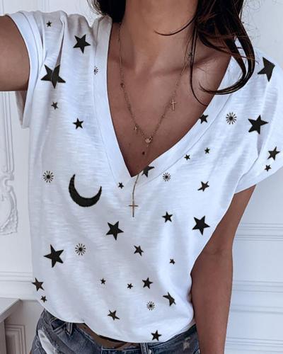 Star & Moon Printed Basic V Neck Tee Shirt