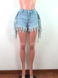 Light Blue High Waist Tassel Distressed Denim Shorts