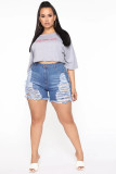 Plus Size Light Blue Denim High Waisted Ripped Shorts