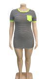 Short Striped Dress with Green Contrast Details