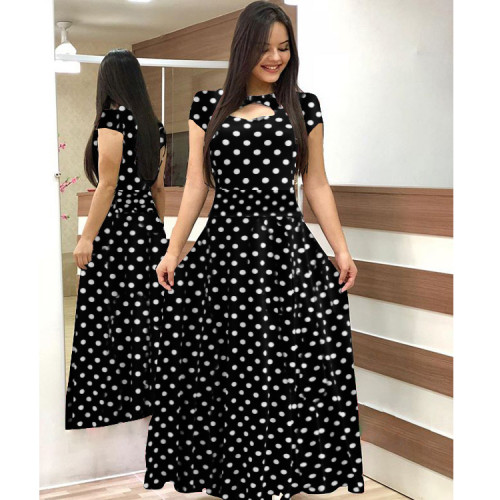 Plus Size Black Polka Dot Front Cutout Short Sleeve Maxi Dress