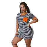 Short Striped Dress with Orange Contrast Details
