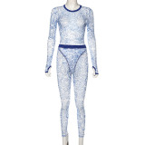 See Through Blue Print Mesh Bodysuit & Pants Set