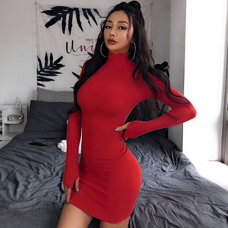 red ribbed bodycon dress