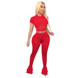 Red Mesh Patchwork Two Piece Flare Pants Set