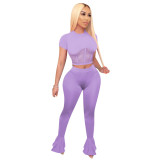 Purple Mesh Patchwork Two Piece Flare Pants Set