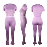 Purple Mesh Patchwork Two Piece Flare Pants Set